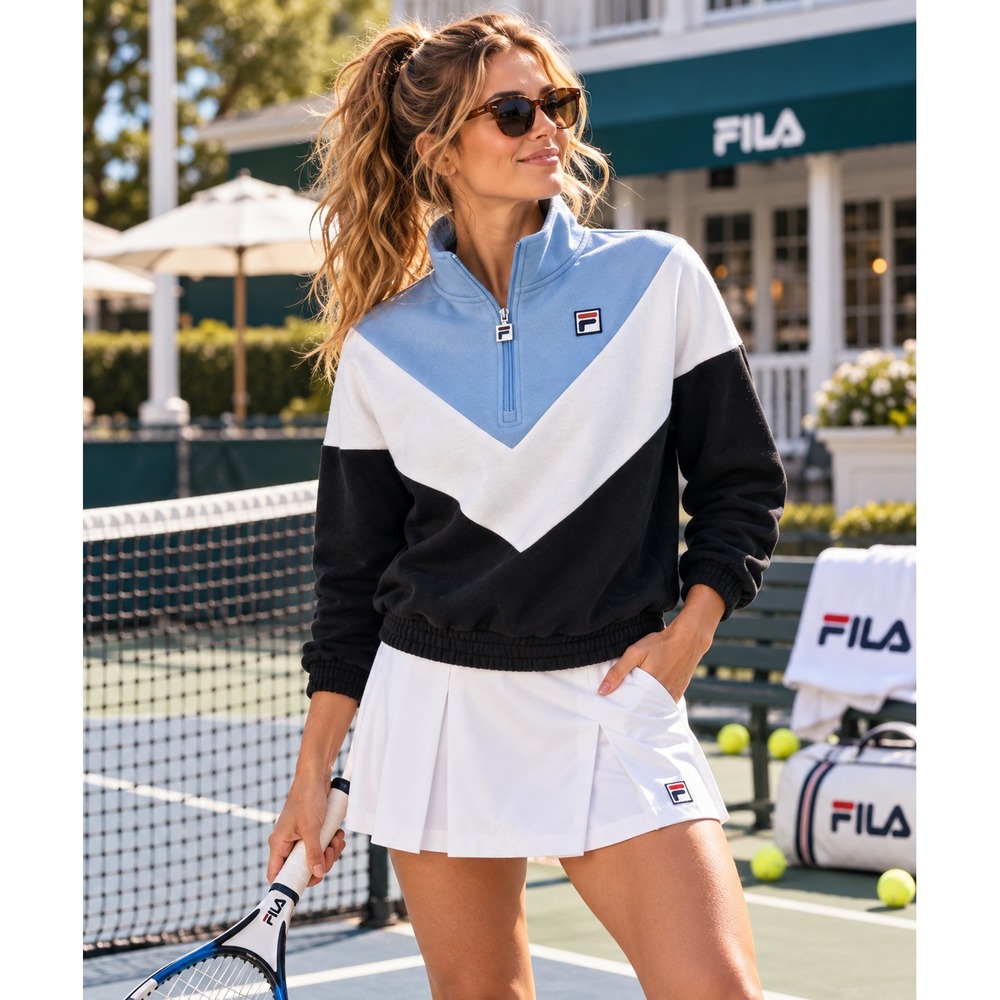 FILA Womens M 1/4 Zip Pullover Blue White Black Chevron Retro Tennis Sweatshirt